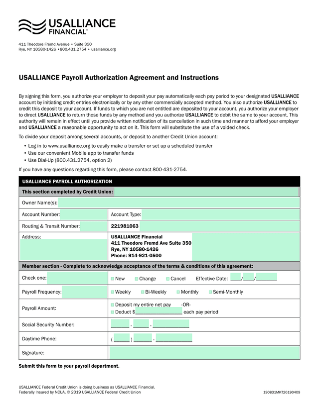 USALLIANCE Payroll Authorization Agreement And Instructions screenshot