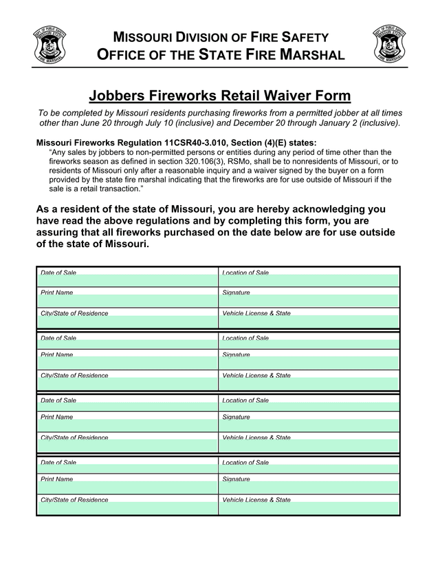 Jobbers Fireworks Retail Waiver Form screenshot