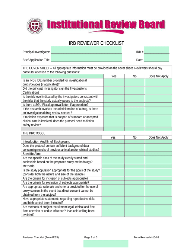 Reviewer Checklist (Form IRB5) screenshot