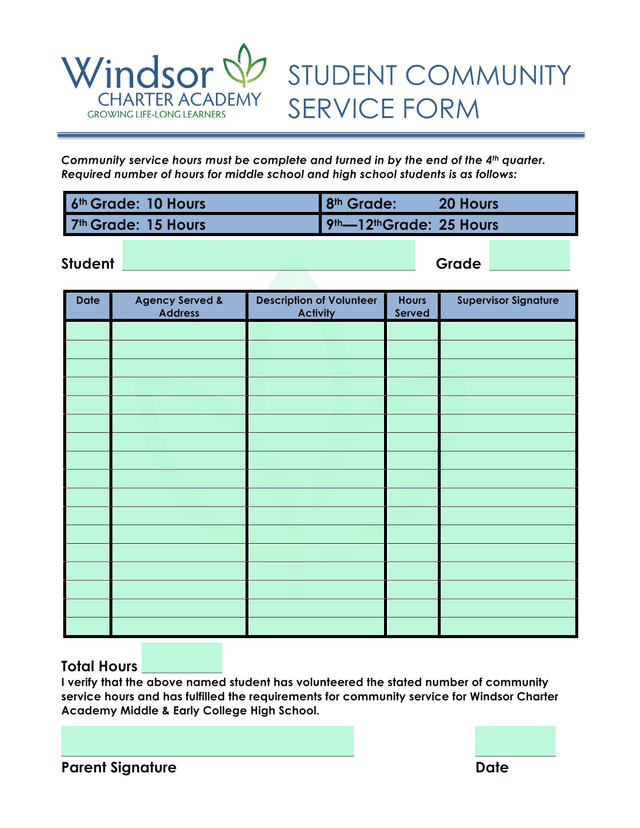 STUDENT COMMUNITY SERVICE FORM screenshot