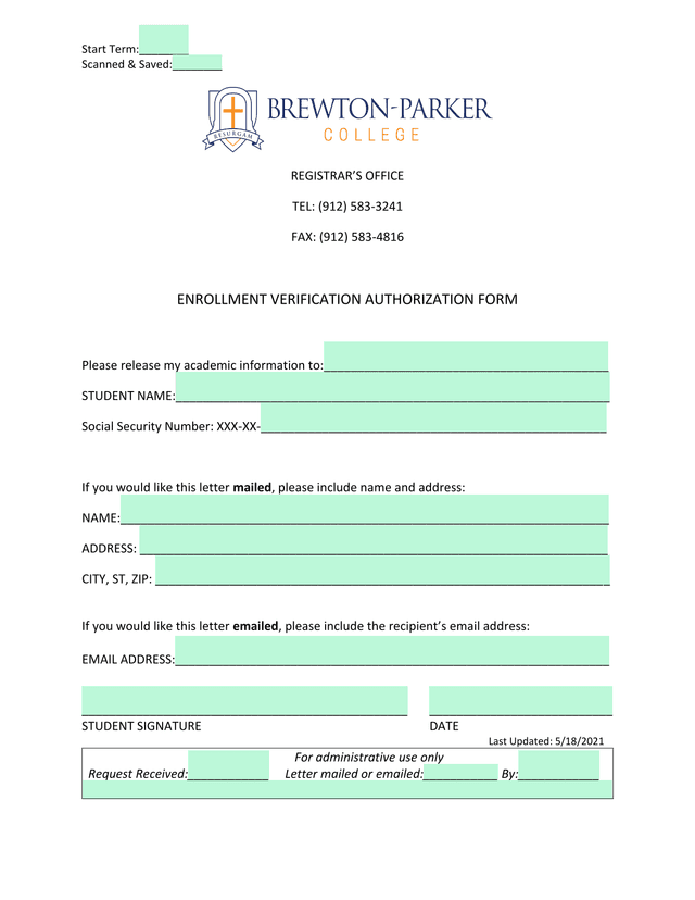 Enrollment Verification Authorization Form screenshot