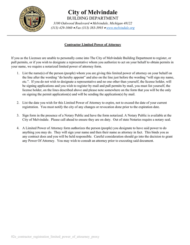 Contractor Limited Power Of Attorney screenshot