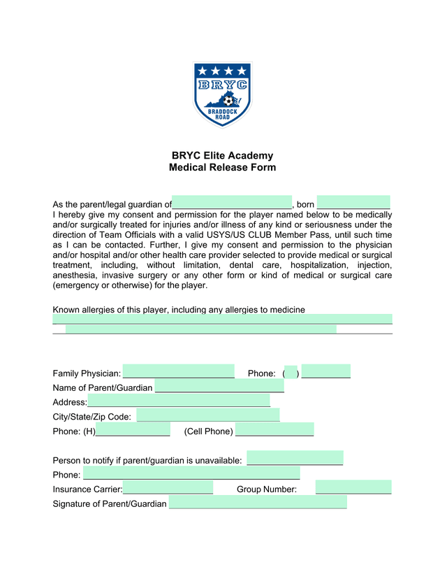 BRYC Elite Academy Medical Release Form screenshot