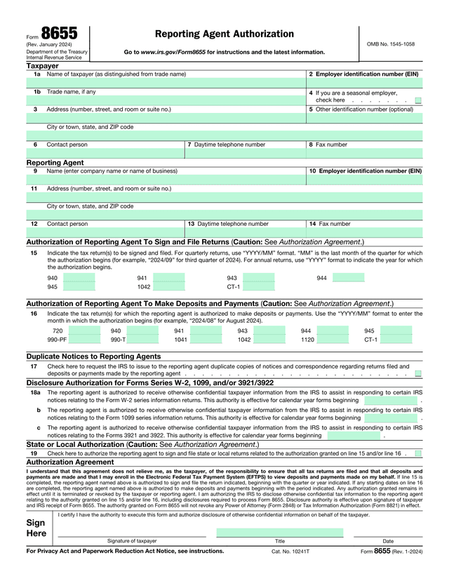 Form 8655 Reporting Agent Authorization screenshot