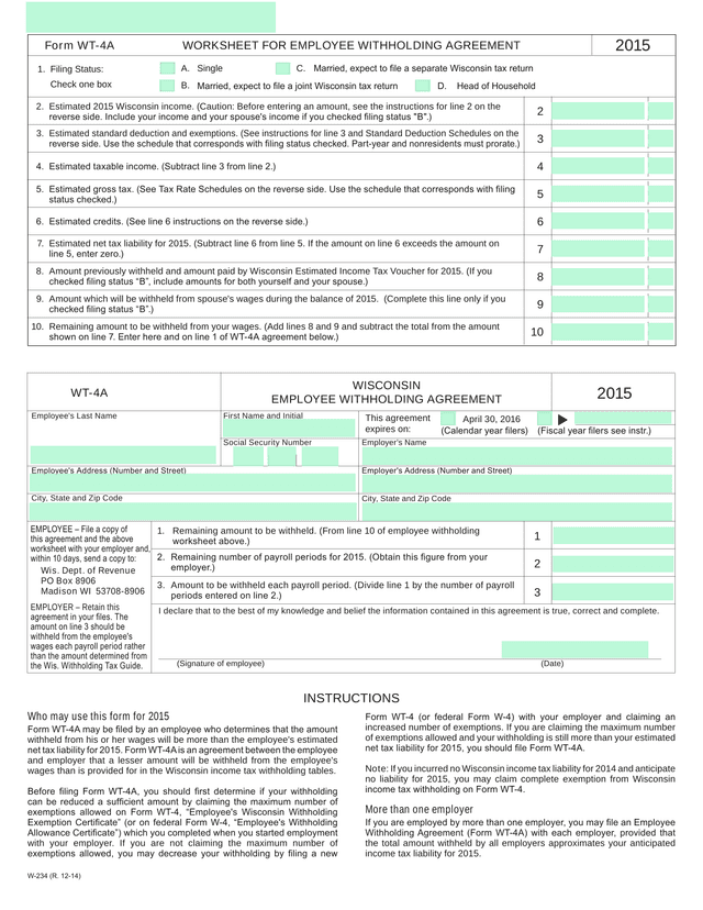 Form WT 4A Worksheet For Employee Withholding Agreement screenshot