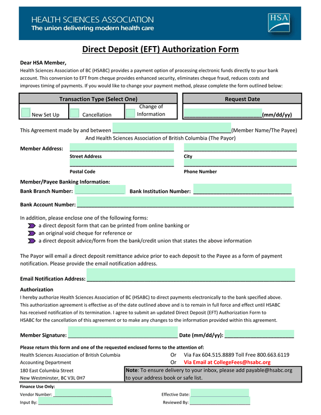Direct Deposit (EFT) Authorization Form screenshot