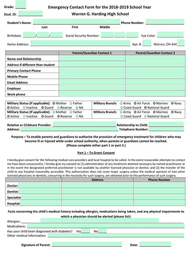 Emergency Contact Form For The 2018 2019 School Year screenshot