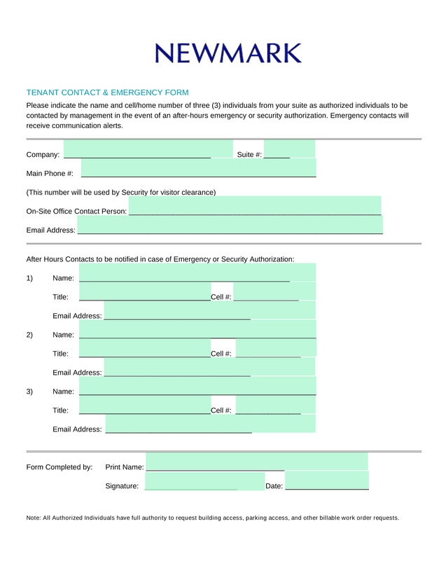 TENANT CONTACT  EMERGENCY FORM screenshot