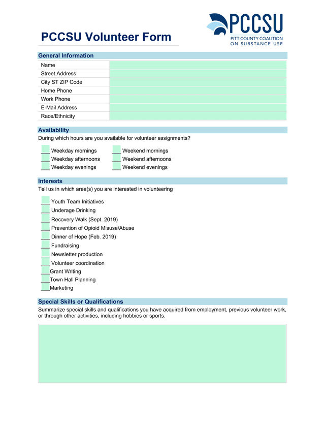 PCCSU Volunteer Form screenshot