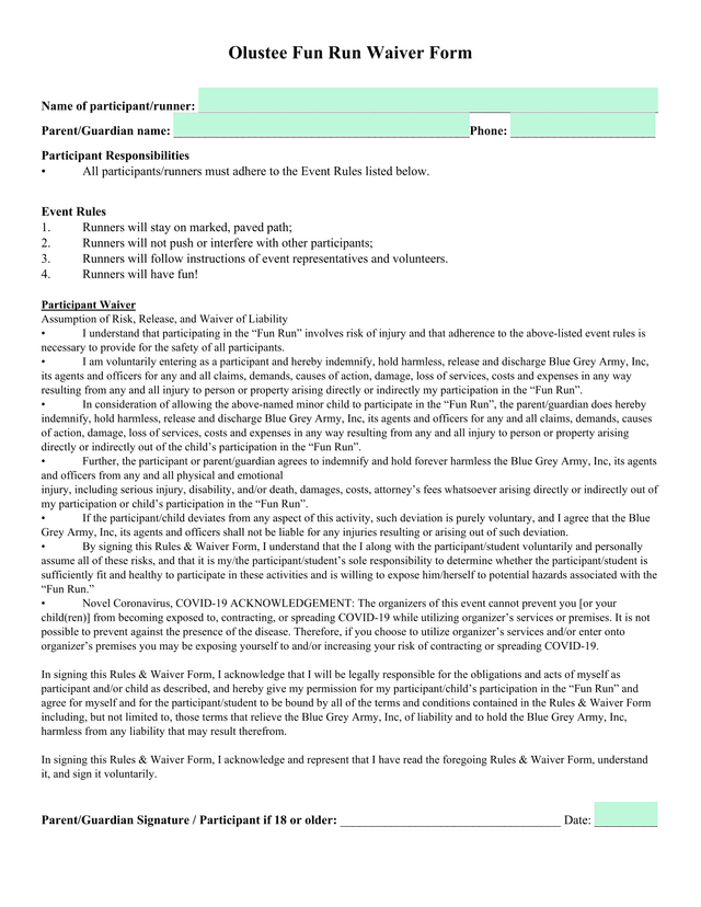 Olustee Fun Run Waiver Form screenshot