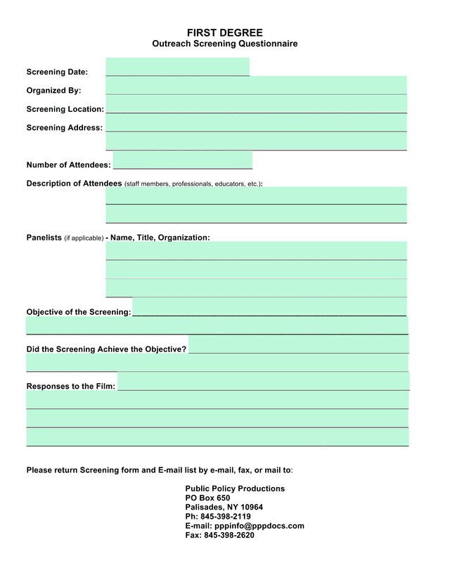 FIRST DEGREE Outreach Screening Questionnaire screenshot