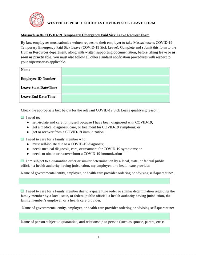 WESTFIELD PUBLIC SCHOOLS COVID 19 SICK LEAVE FORM screenshot
