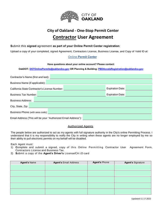 City Of Oakland   One Stop Permit Center Contractor User Agreement screenshot