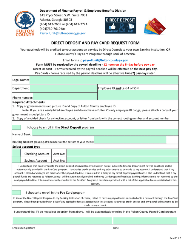 Direct Deposit And Pay Card Request Form screenshot