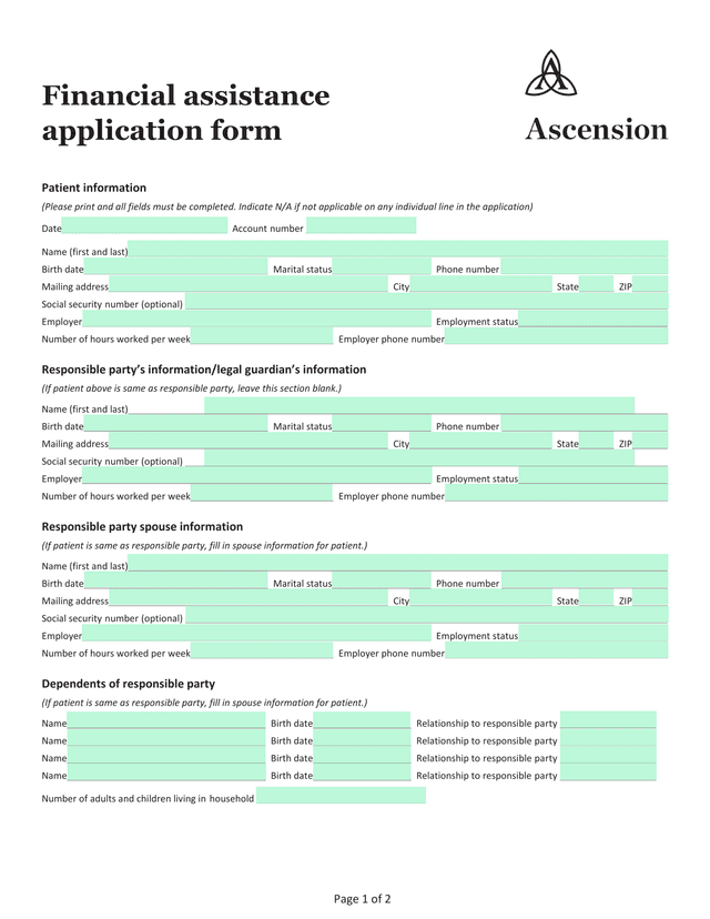 Financial Assistance Application Form screenshot