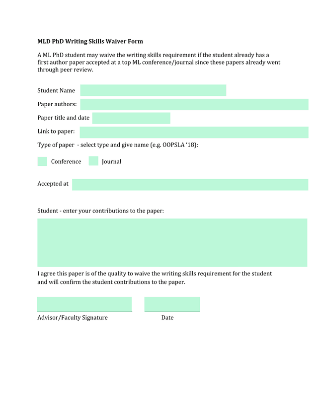 MLD PhD Writing Skills Waiver Form screenshot