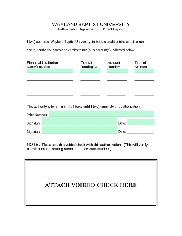 Authorization Agreement For Direct Deposit screenshot