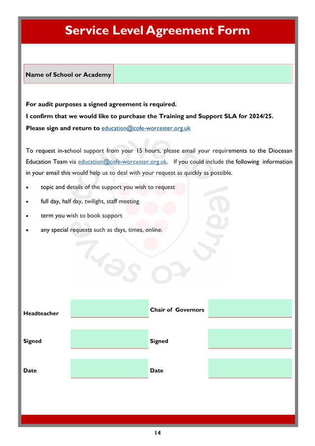 Service Level Agreement Form screenshot