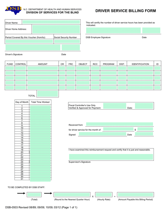DSB 0503 Driver Service Billing Form screenshot