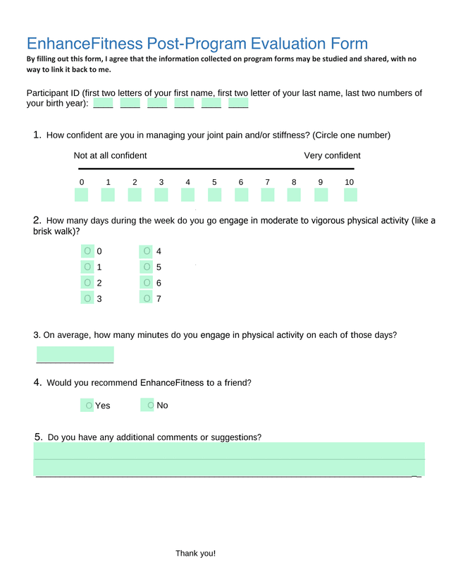 EnhanceFitness Post Program Evaluation Form screenshot