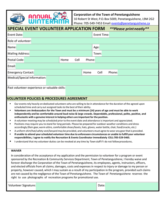 Special Event Volunteer Application Form screenshot