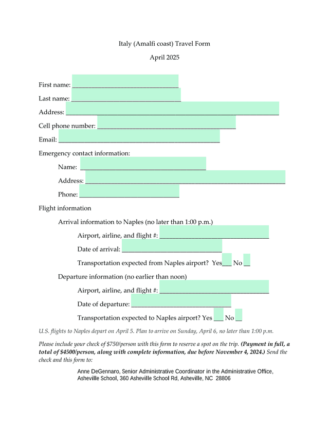 Italy (Amalfi Coast) Travel Form screenshot