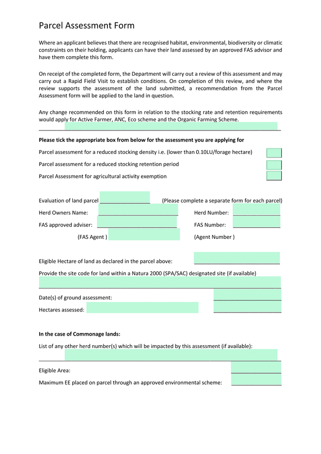 Parcel Assessment Form screenshot