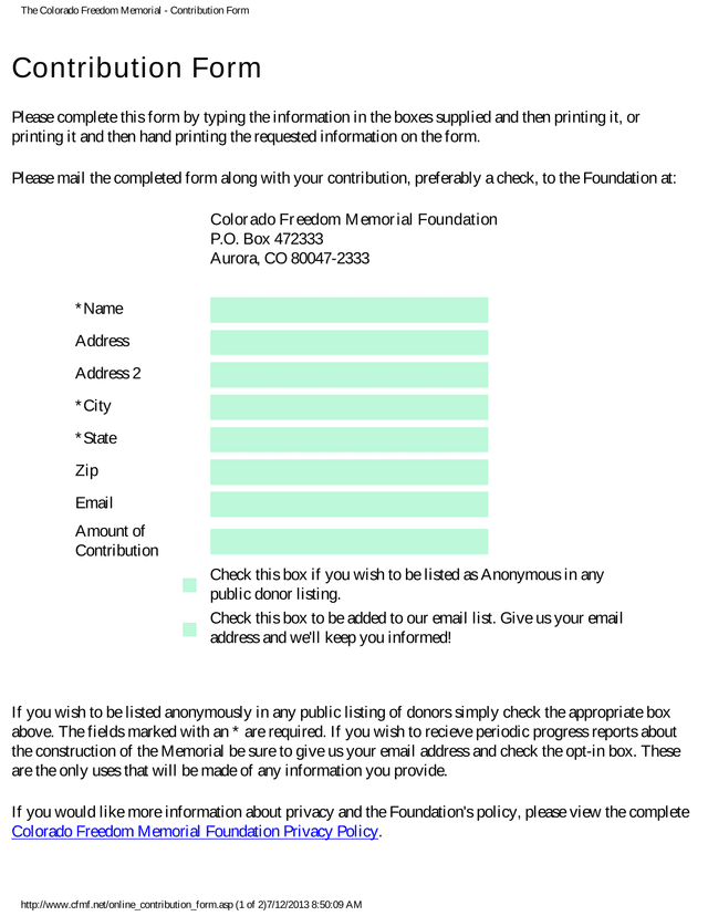 The Colorado Freedom Memorial   Contribution Form screenshot