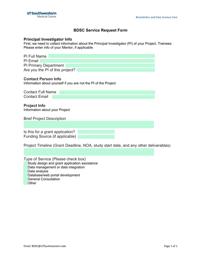 BDSC Service Request Form screenshot