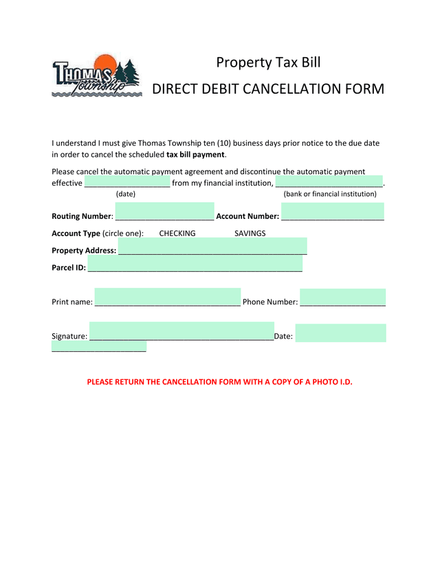 Property Tax Bill Direct Debit Cancellation Form screenshot