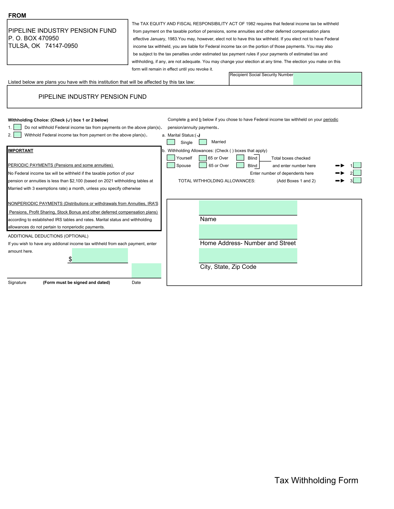 Tax Withholding Election Form For Pension Payments screenshot
