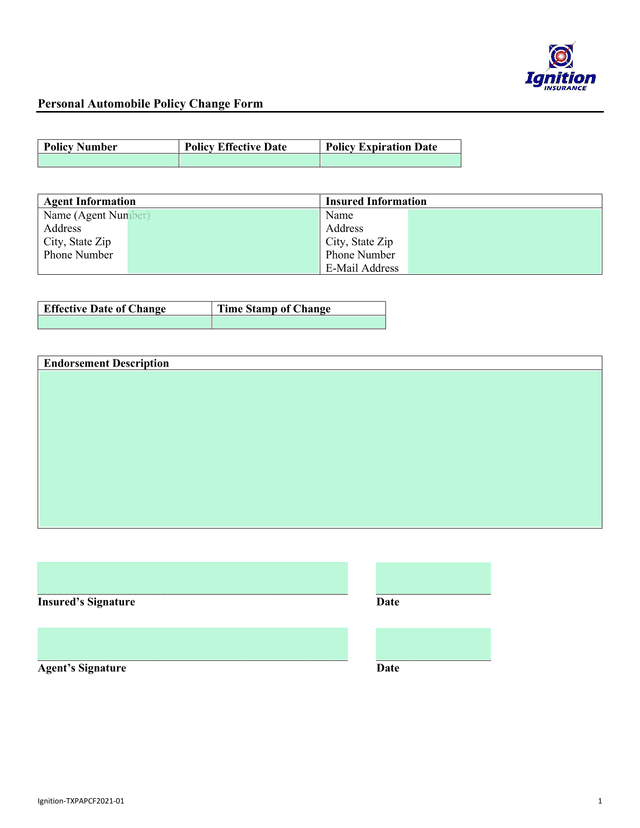 Personal Automobile Policy Change Form screenshot