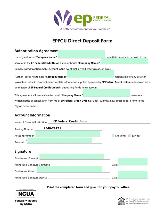 EP CU Direct Deposit Authorization Agreement screenshot