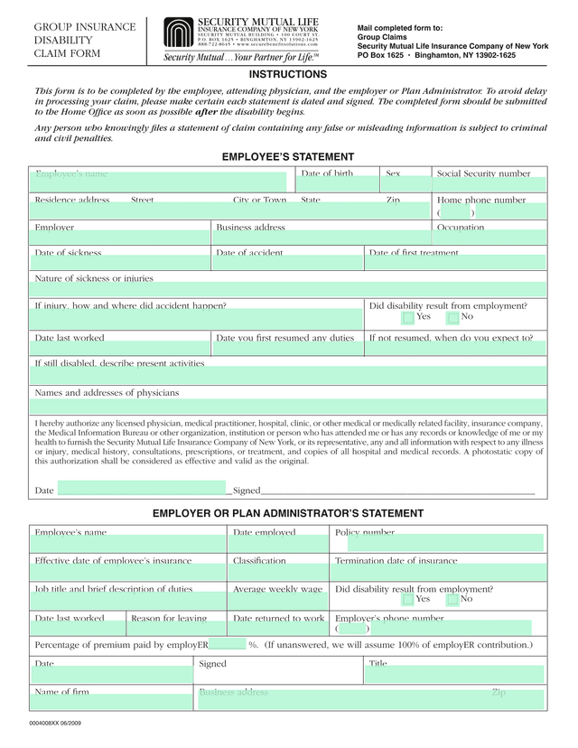 Group Insurance Disability Claim Form screenshot