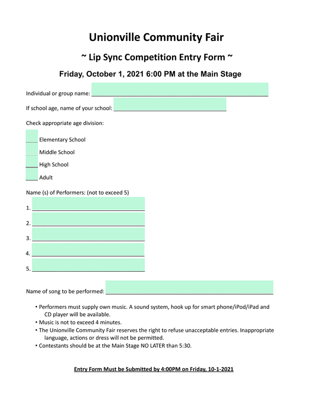 Lip Sync Competition Entry Form screenshot