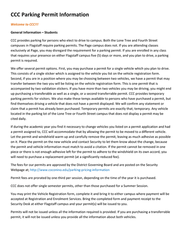 CCC Parking Permit Information screenshot
