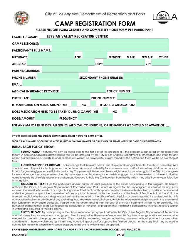 Camp Registration Form screenshot