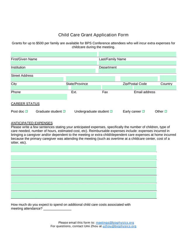 Child Care Grant Application Form screenshot