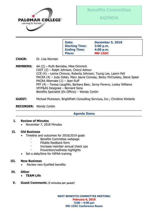 Benefits Committee Meeting Agenda screenshot