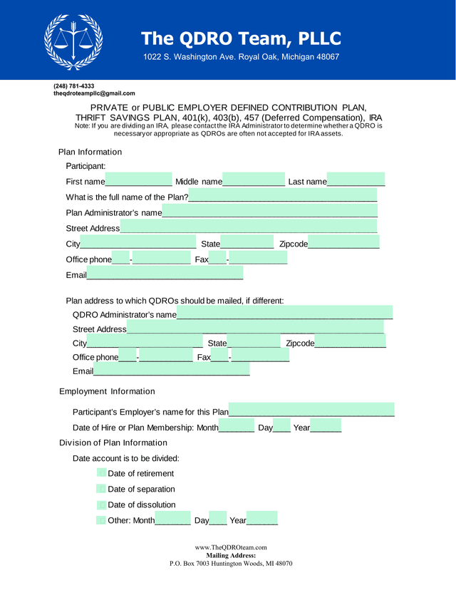 Defined Contribution Plan Division Form screenshot