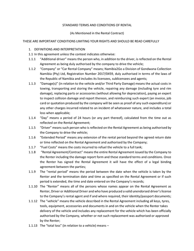 Standard Terms And Conditions Of Rental screenshot