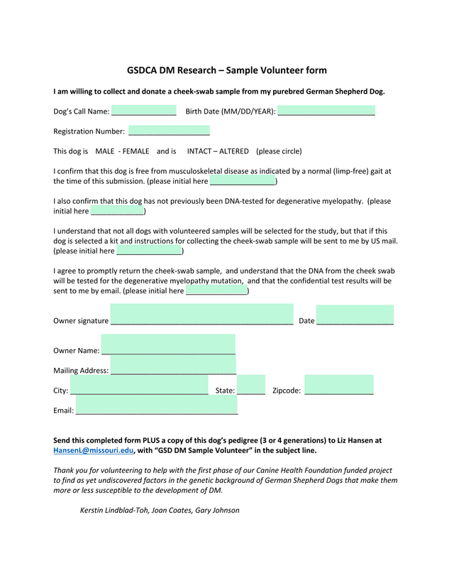 GSDCA DM Research  Sample Volunteer Form screenshot