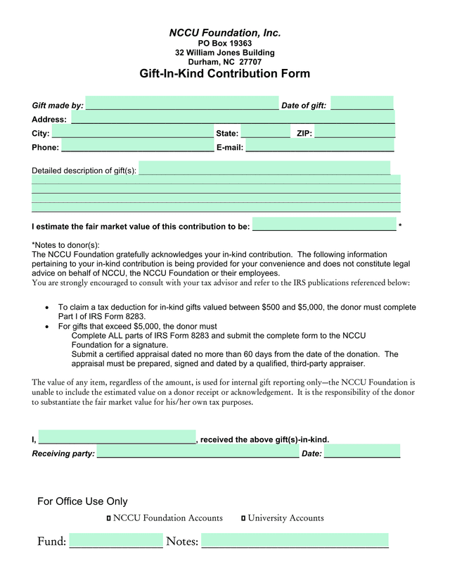 Gift In Kind Contribution Form screenshot