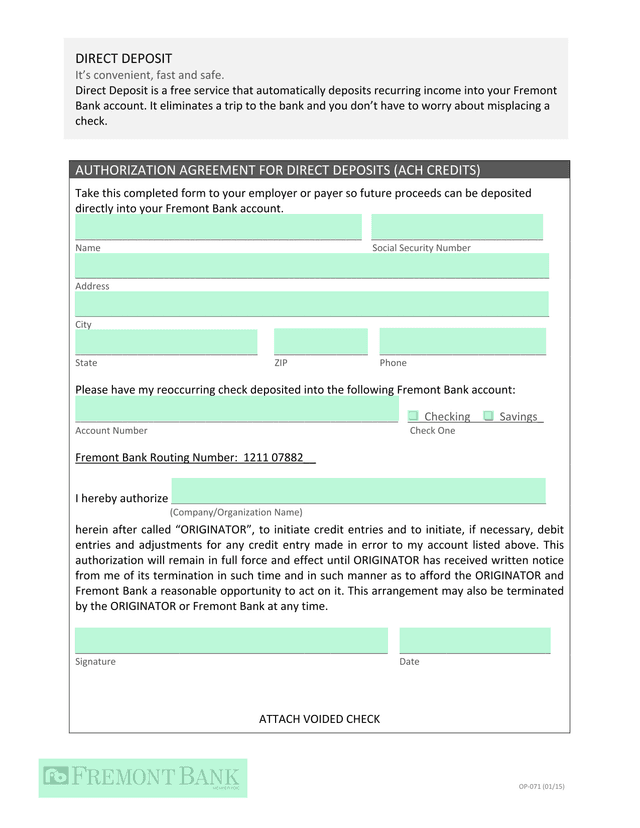 Direct Deposit Authorization Agreement screenshot