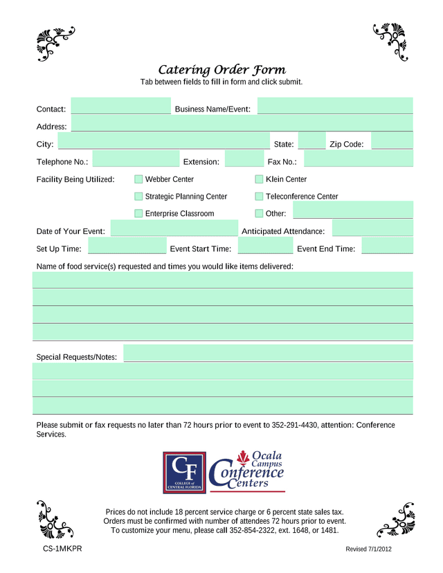 Catering Order Form screenshot