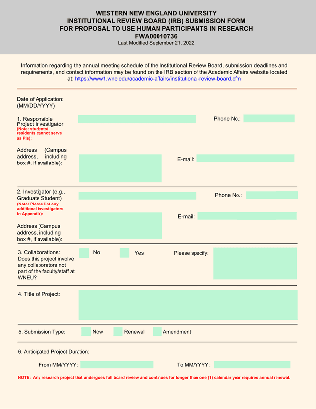 WESTERN NEW ENGLAND UNIVERSITY INSTITUTIONAL REVIEW BOARD (IRB) SUBMISSION FORM screenshot