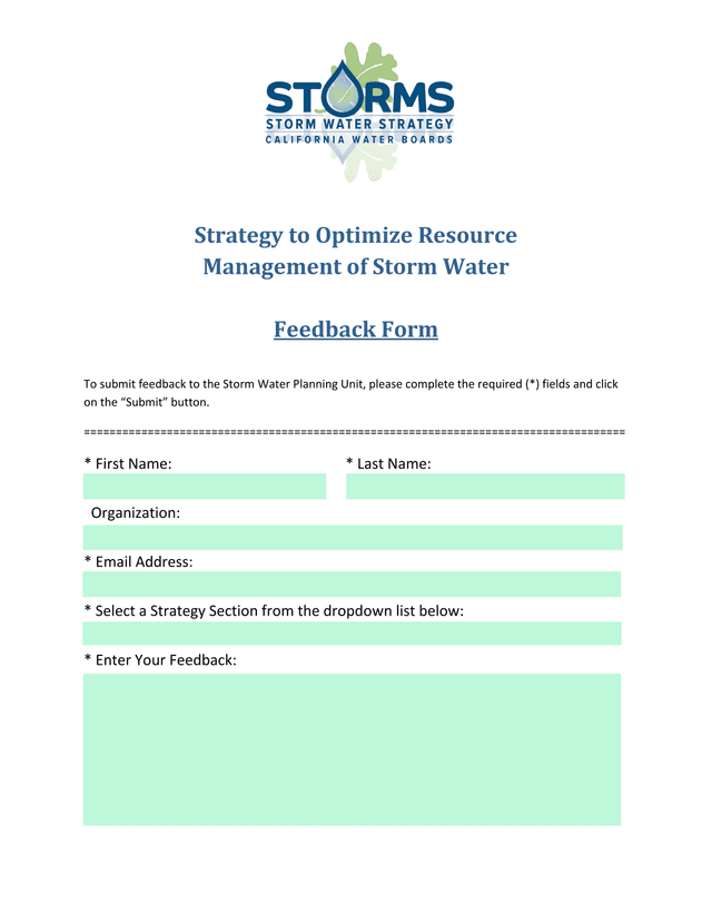 Strategy To Optimize Resource Management Of Storm Water Feedback Form screenshot