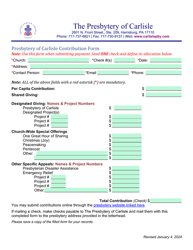 Presbytery Of Carlisle Contribution Form screenshot
