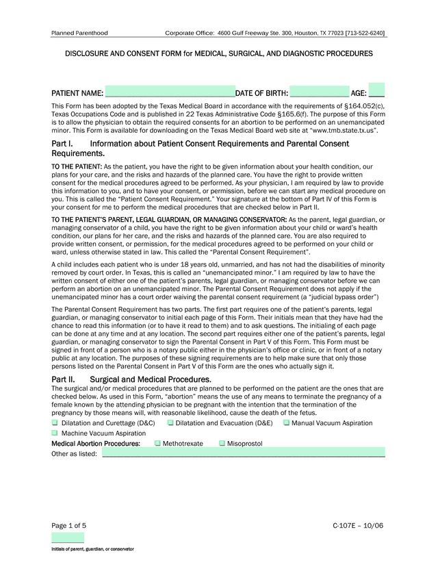 Disclosure And Consent Form For Medical, Surgical, And Diagnostic Procedures screenshot