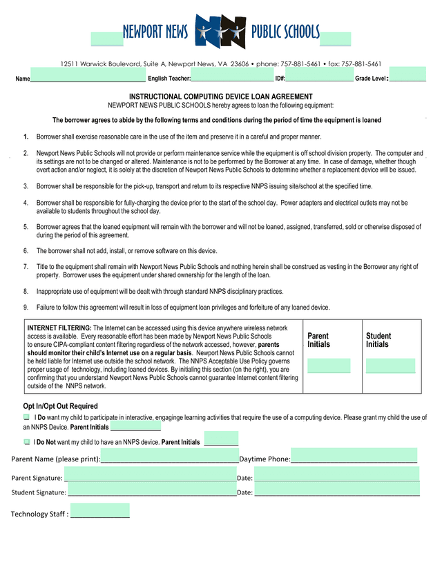 Instructional Computing Device Loan Agreement screenshot
